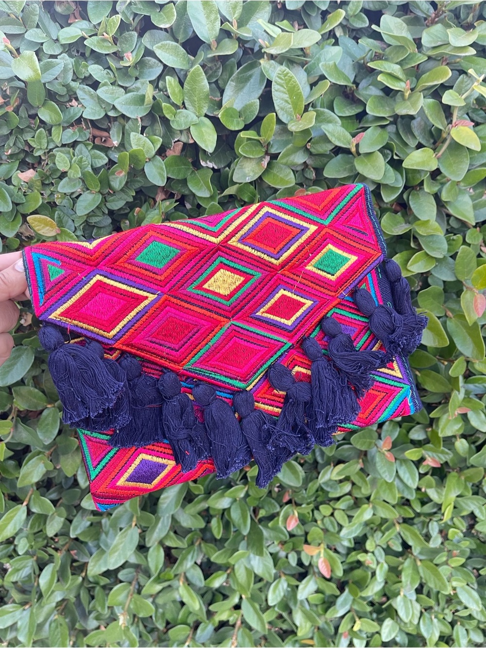 Handcrafted Multicolor Geometric Embroidered Clutch with Navy Tassels